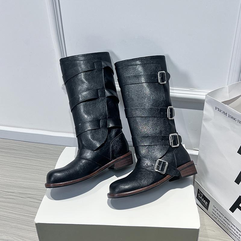 Sheepskin version~ stand tube catwalk belt buckle fashion boots autumn and winter new retro thick heel but knee high boots long boots