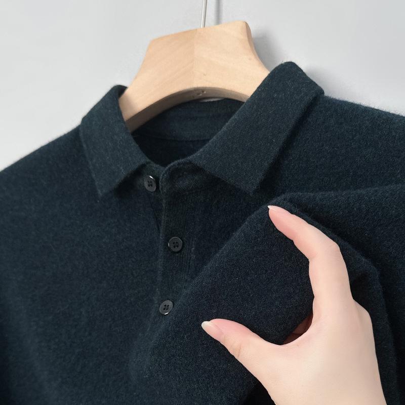 Men's 100% Pure Wool 9-Pin Lapel Sweater, 430g Thickened Base Layer for Middle-Aged Business Casual, Plain Knit.