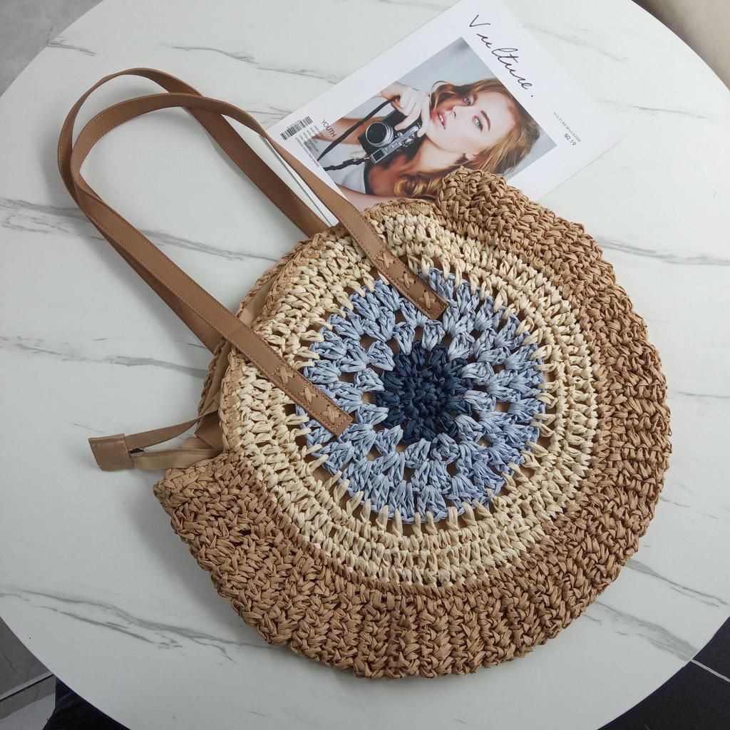 Women's Round Crochet Straw Tote with Leather Belt Accent for Casual Travel and Vacation