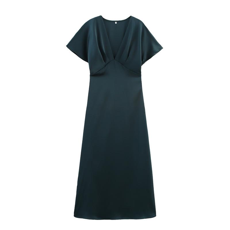 Saténové dlouhé šaty dámské černé drapované midi šaty dámské elegantní párty šaty krátký rukáv šik šaty