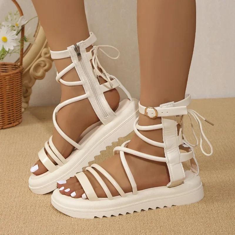 Fashion 2024 Summer Hot Selling Women's Shoes Fashion Open Toe Women's Sandals Solid Color Casual Mid Heel Women's Roman Sandals