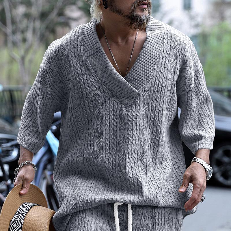 2025 Men's Summer Loose V-neck Knit T-shirt - Casual Short Sleeve, Plain Color Sports Tee