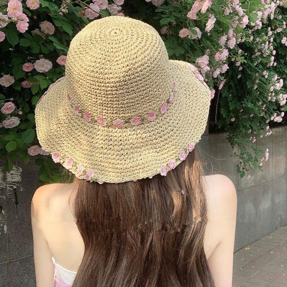 Wide Brim Beachside Sun Hat Fishing Cap Summer Beach Hat Flower Lafite Straw Hat  Outdoor