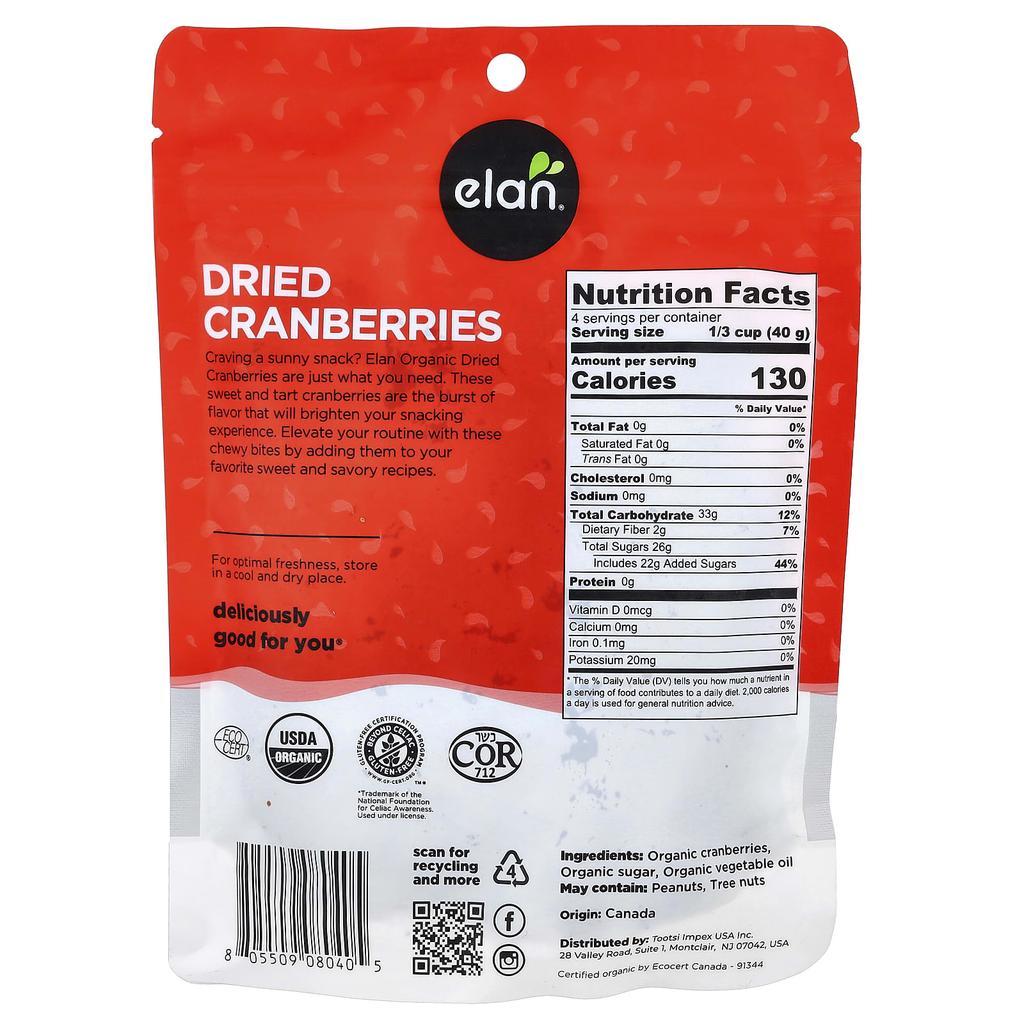 Elan, Organic Dried Cranberries, 175g (6.2oz)