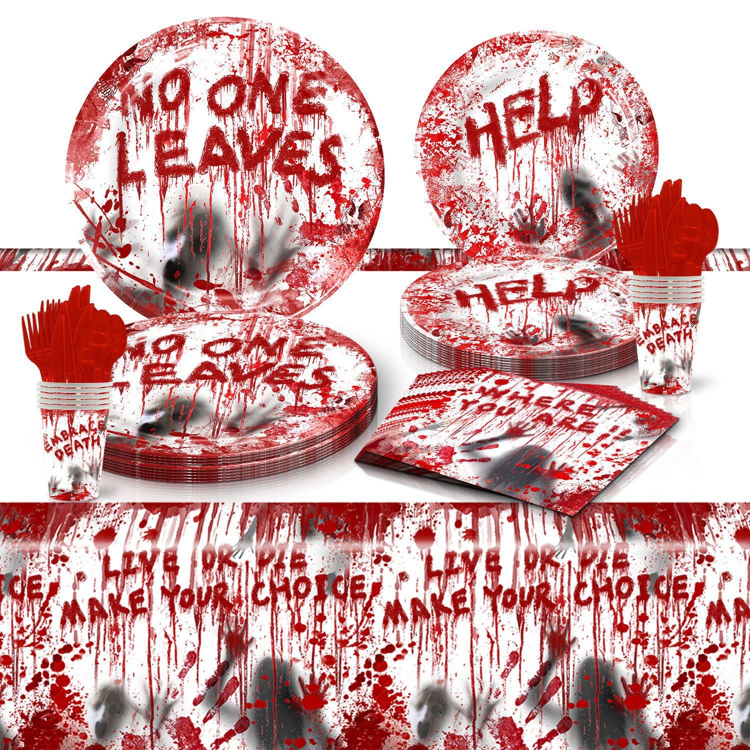 

Halloween Horror Atmosphere Party Decoration Scary Blood Handprint Paper Plate Plate Tablecloth Disposable Party Tableware Set 1 Set