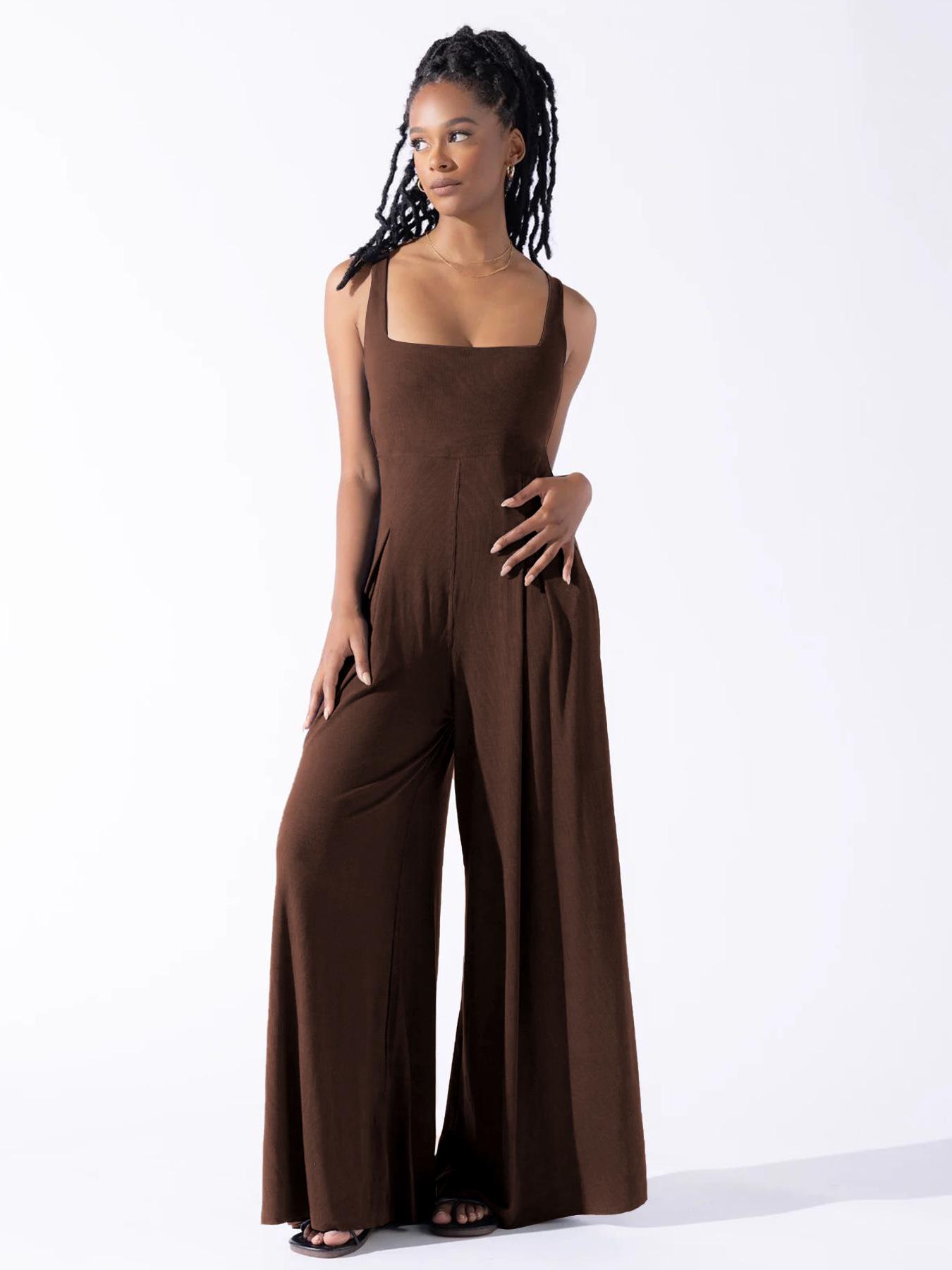 

Women s High-Waisted Solid Sleeveless Jumpsuit - Elegant Casual Loose Wide-Leg Pants for Spring/Summer 2XL кавовий