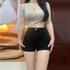 Dámské Černé Džínové Horké Šortky s Vysokým Pasem do Áčka - Americký Styl Letní Zeštíhlující Šortky Obepínající Boky