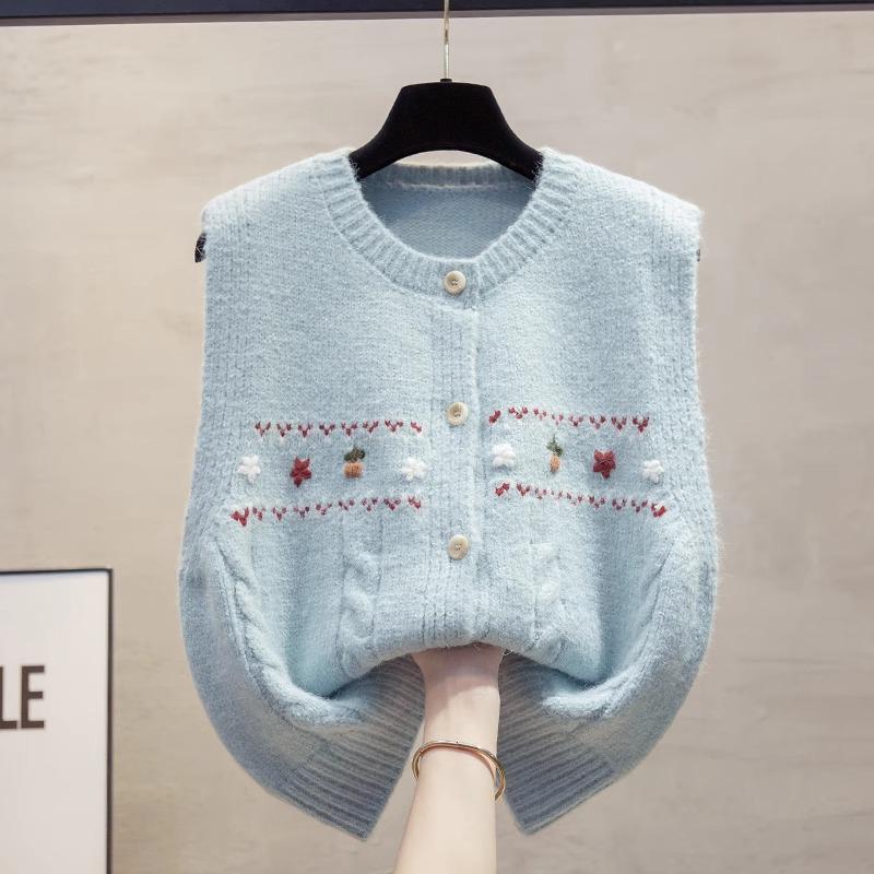 

Handmade Floral Round Neck Knit Vest - Sleeveless Women s Sweater with Shoulder Pads for Autumn/Winter 2025 Double Extra Large