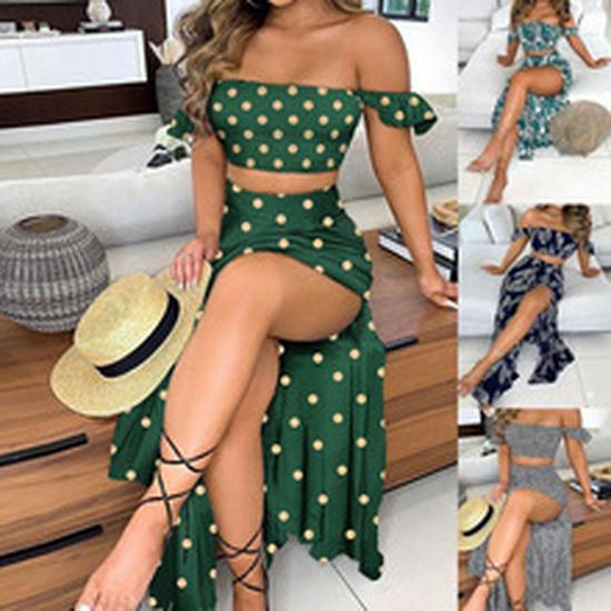 2024 European & American Summer Slim-Fit Strapless Bohemian Mid-Length Vintage Print Dress Set