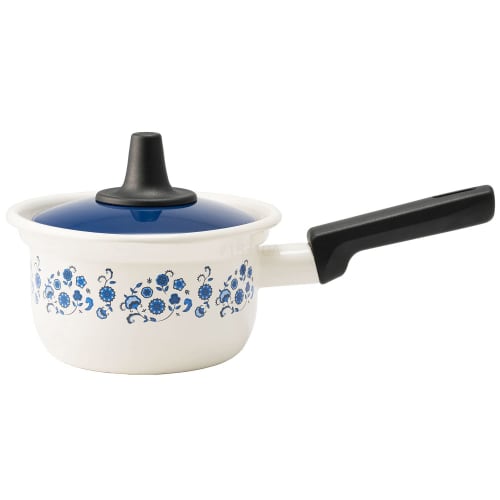 Fuji Horo 1970s Retro Enamel Milk Pan, 14cm, Induction Compatible, Memories Blue Flower Design