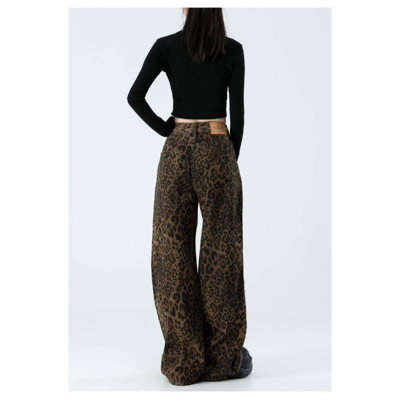 Womens High Waist Leopard Print Wide Leg Jeans Y2K Baggy Denim Trousers Streetwear