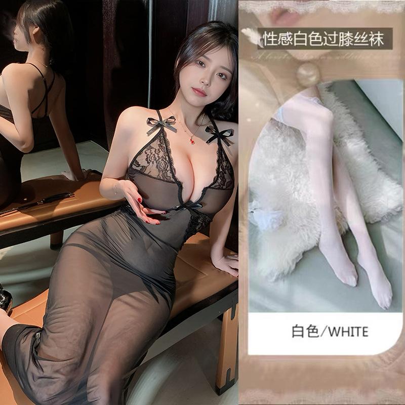 Sexy lingerie sexy perspective long dress female deep v suspender flirting seduction bed dating pure lust passion