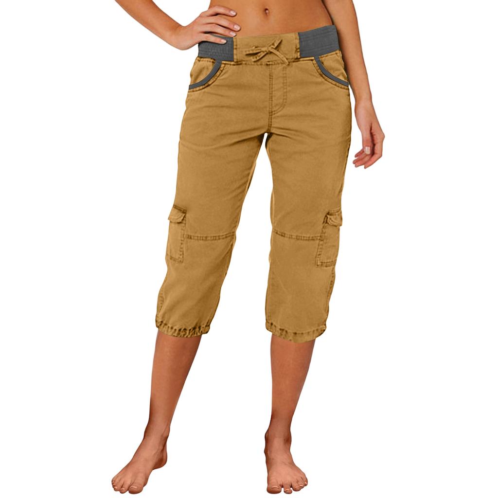 Women Capri Cargo Pants Drawstring Waist Relaxed Fit Lightweight Casual Cropped Trousers with Multiple Pockets