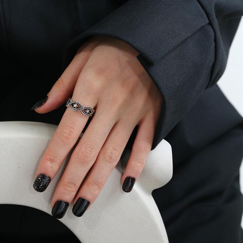S925 Sterling Silver Retro Thai Wave Pattern Blackened Ring - Women's High-End European Style