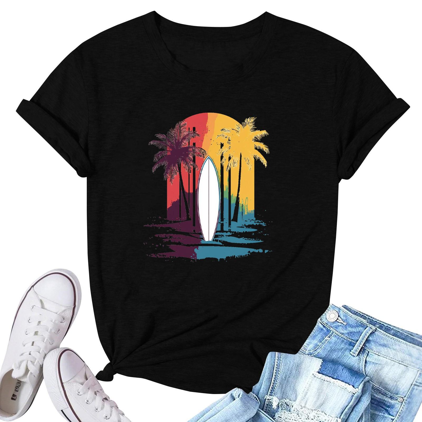 

Women s Fashion Printed Casual Pleated Round Short Sleeve T-Shirt Top XL чёрный