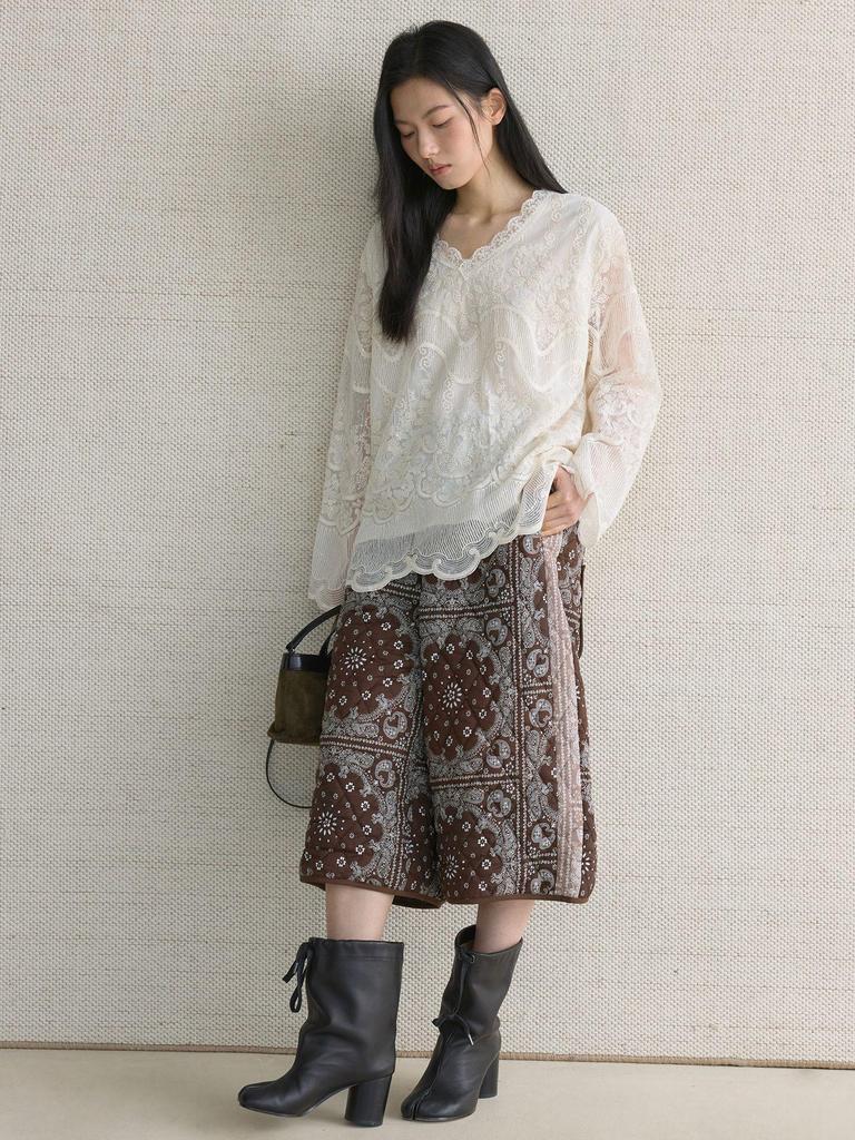 Elegant 3D Embroidered Lace V-Neck Double-Layer See-Through Top for Women