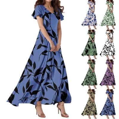 Vestido Casual de Mujer con Cuello en V, Manga Corta, Cintura Alta, Estampado Retro de Flores y Hojas