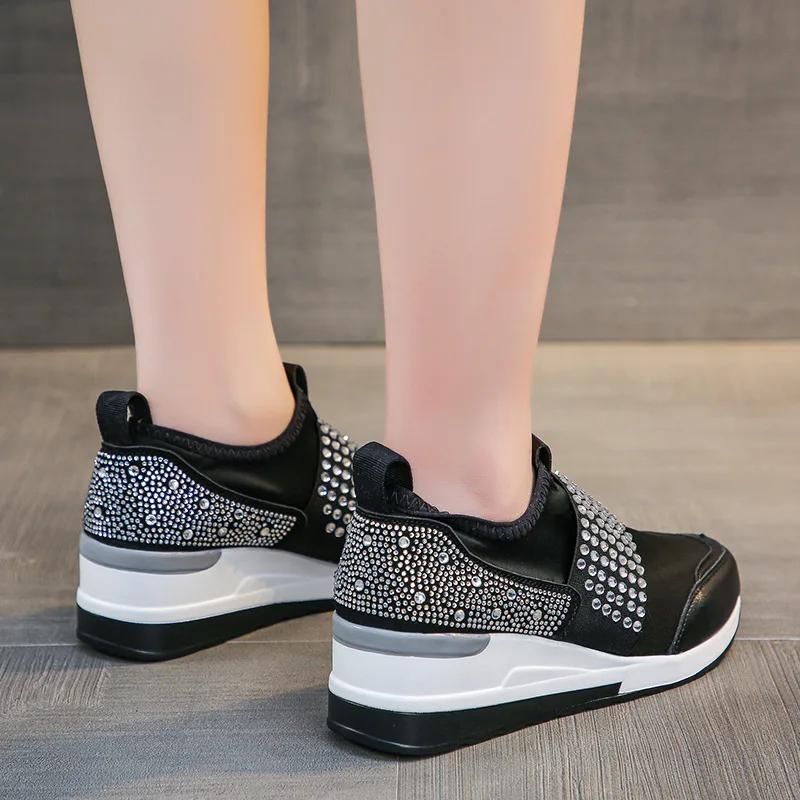 Korean Wedges Rhinestone Slip On Casual Shoes for Women Round Head Platform Running Shoes Fashion Zapatillas De Mujer Sneaker