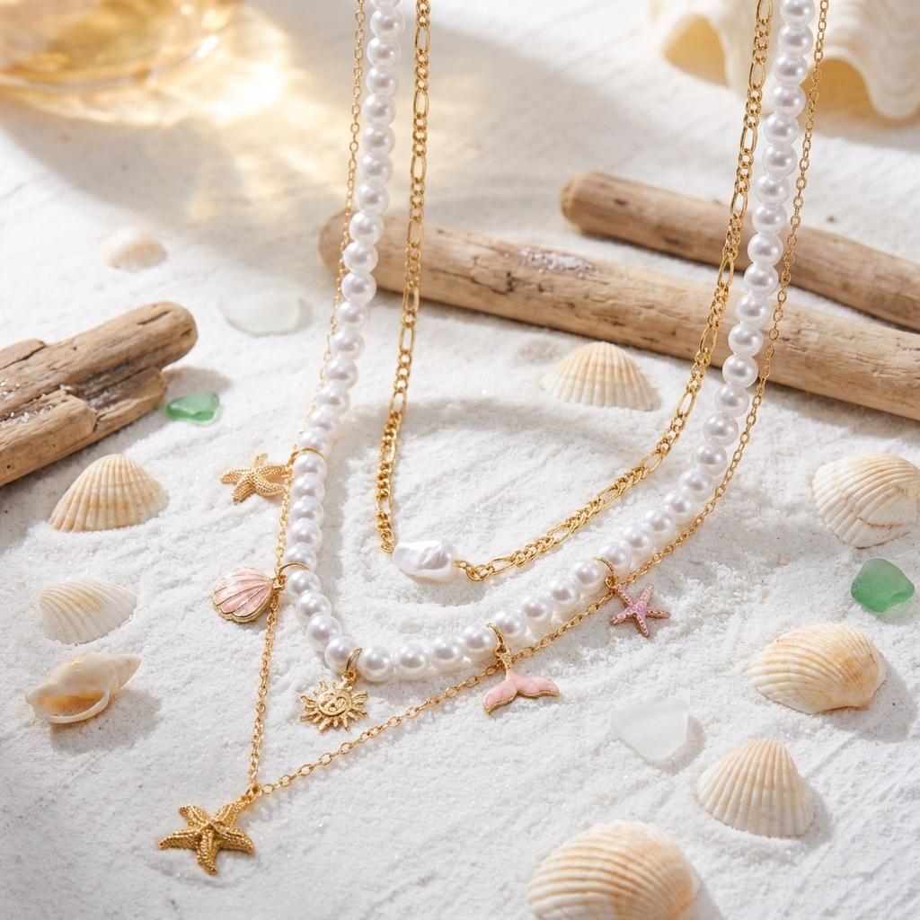 Bohemian Beach Shell Conch Beaded Necklace for Women Ocean Style Seashell Starfish Sun Pendant Choker Vacation Party Jewelry