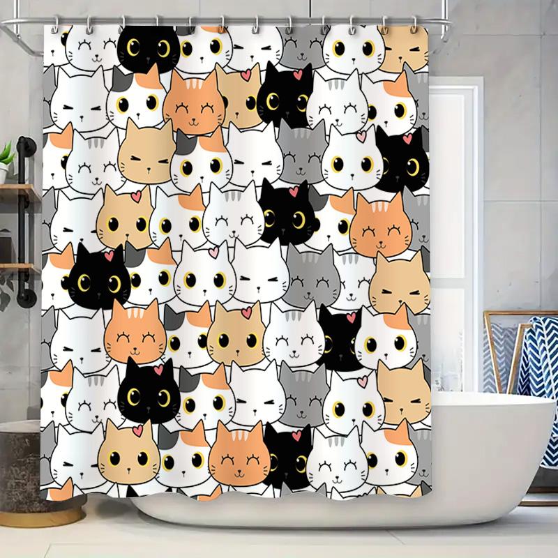 

Cute Cat Shower Curtain Black White Orange Grey Kawaii Animal Print Bathroom Decor Fabric Waterproof Shower Curtains For Kids Be W60H190(CM)-1 Pcs