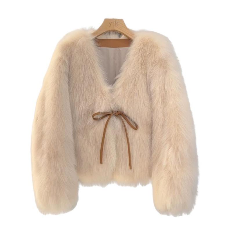 Thousand gold wind fur jacket for women's autumn and winter small men, new collar lace-up imitation fox hair thickened light top