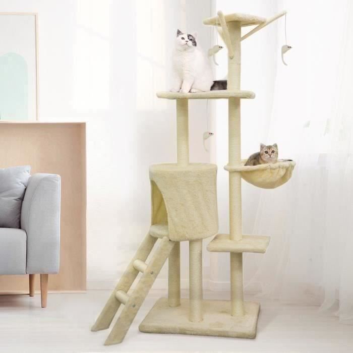 JIPSY Arbre à chat beige 79 x 34 x 138 cm - 3 plateformes, 1 perchoir, 1 niche, 1 escalier, poteaux à griffer