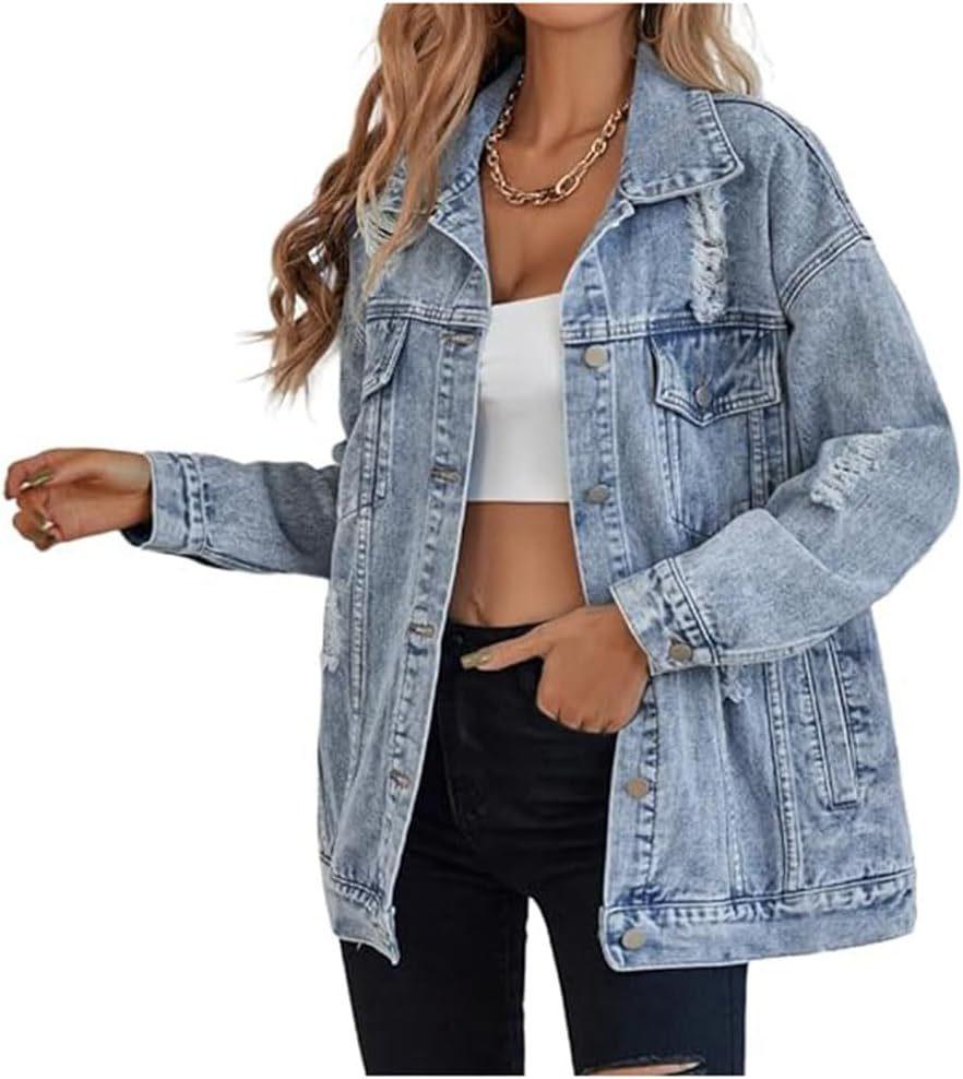 Women's Oversized Ripped Denim Boyfriend Jacket