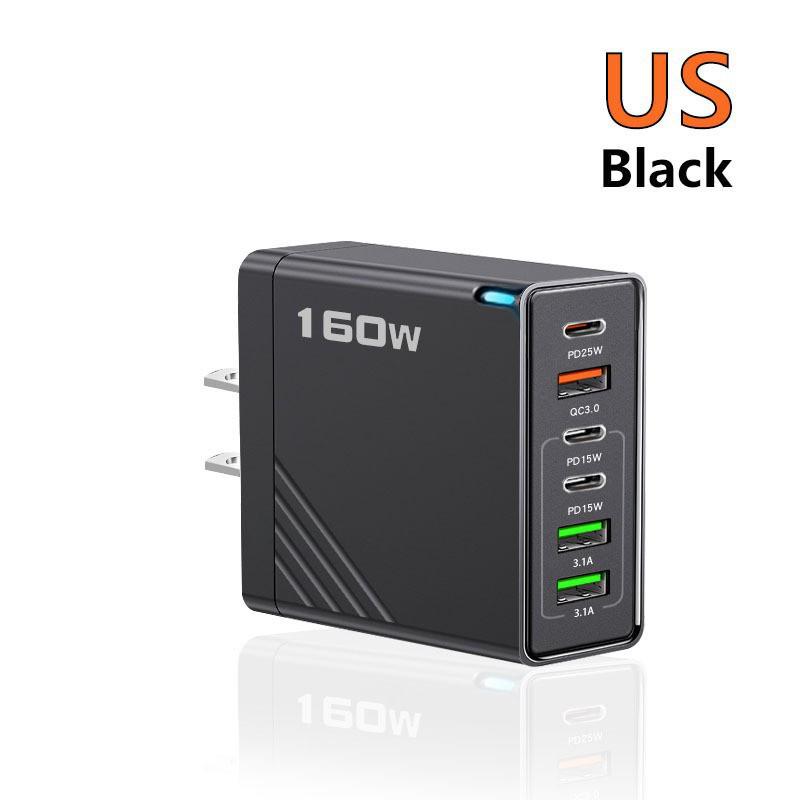 160W Multi-Port Fast Charger: 3 USB + 3 Type-C, EU/UK Plug, Compatible with Apple, Huawei, Xiaomi