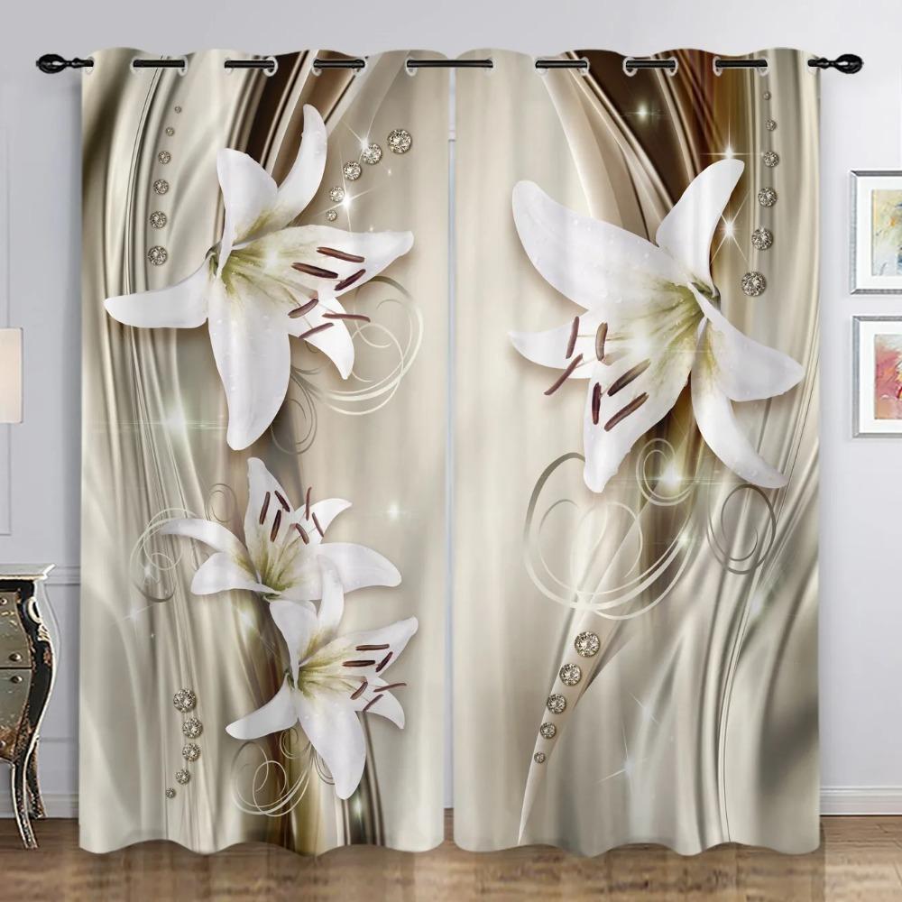 Cortinas con patrón de flores tridimensionales 3D de 2 piezas para sala de estar, juego de tratamiento de ventana con ojales en la parte superior para sala de estudio y decoración del hogar