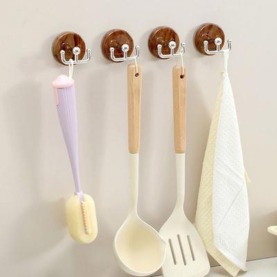 2pcs Durable Wood Grain Suction Cup Hook Reusable No Drill Wall Hangers Space Saving Organizer Double Hooks Bathroom Kitchen