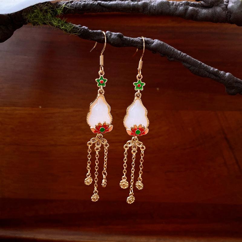 New Chinese Style Oil Drop Butterfly Flower Gourd Pearl Fringed Earrings Retro Ear Hook Light Luxury National Style Earrings Women