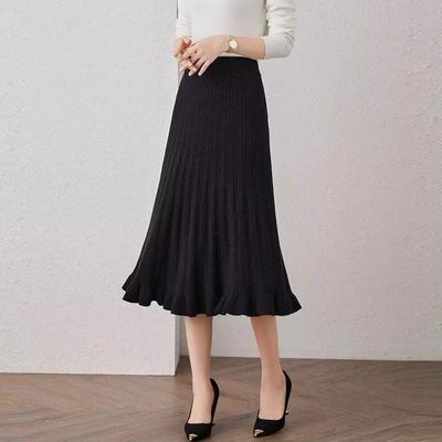 Elegant Black Knitted Skirt for Women Autumn Winter Casual Elastic Waist A-line Midi Skirt Vintage Plus Size Clothing