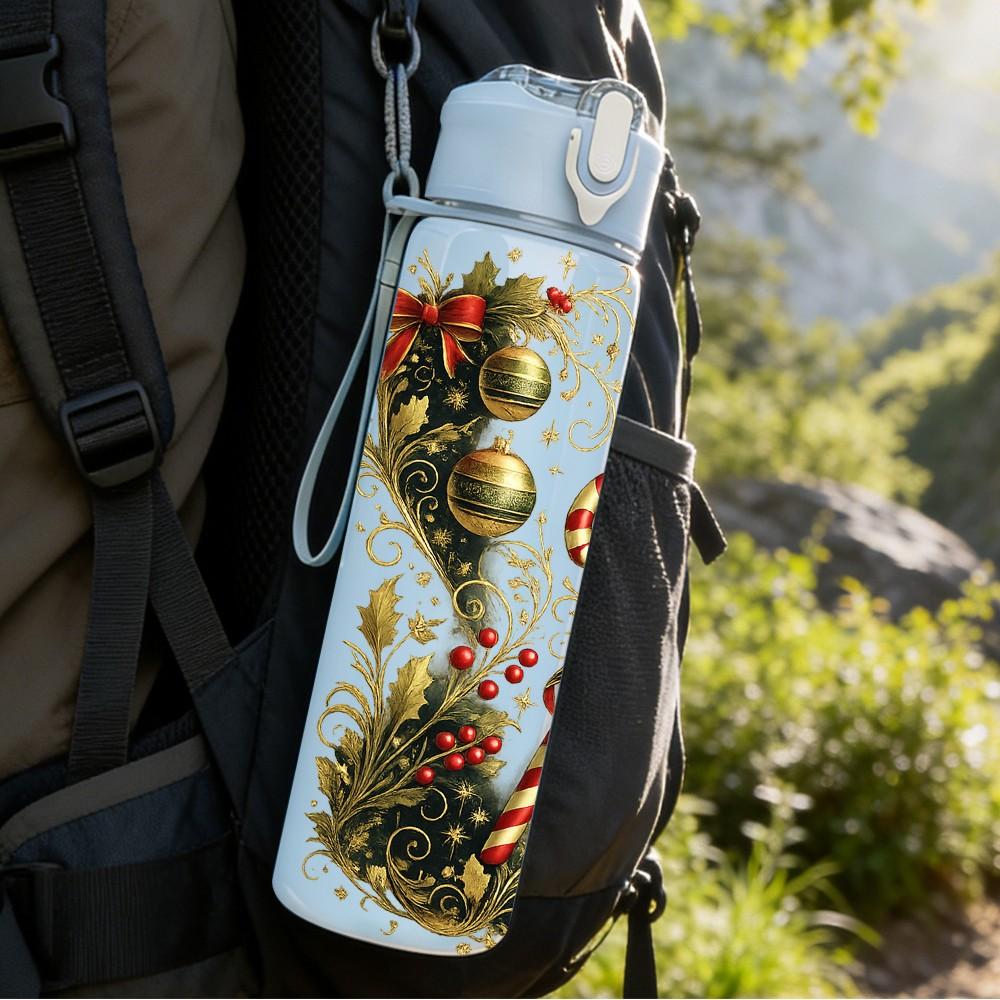 1PC Christmas Pine Bouquet Print 750ml Color Plastic Sports Water Bottle Leakproof Flip Straw Lid Suitable for Sports Office Home Use