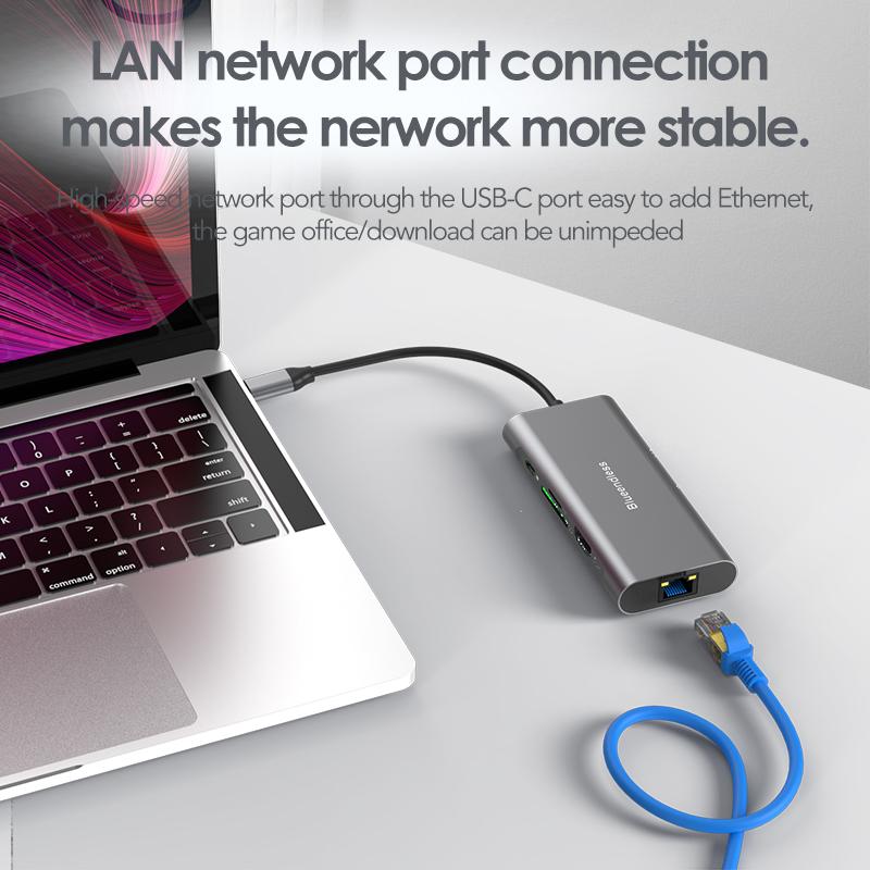 Type C Hub 8 In 1 USB Hub with 4K 30Hz HDTV Laptop Converter USB C Adapter USB 3.0 2.0 Ethernet Card Reader PD Charging Hub Dock