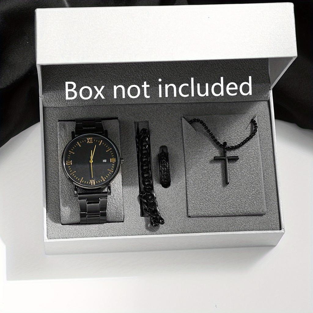 4pcs-Trendy Cross Hip Hop Jewelry Chain Ring Bracelet Necklace Three Piece Set+Casual Quartz Watch, Ring Bracelet Necklace Watch