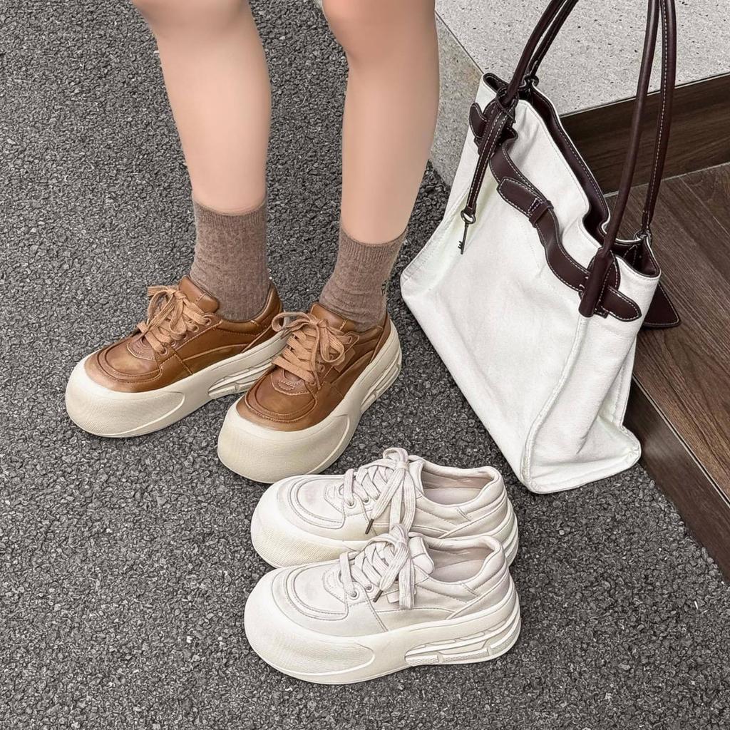 Leather versatile thick-soled ugly cute little white shoes women's 2025 new small man height increase casual big head board shoes bread shoes