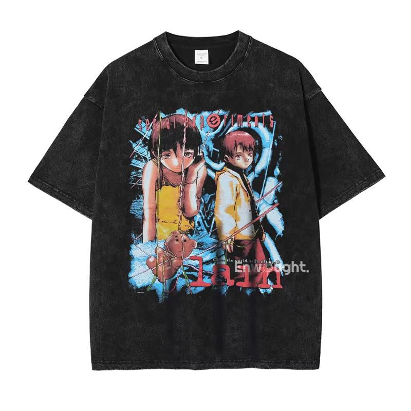 Lain Vintage Washed Graphic T-Shirts forand Wo Short Sleeve Oversized Unisex Fashionable High Quality Cotton Transparent199