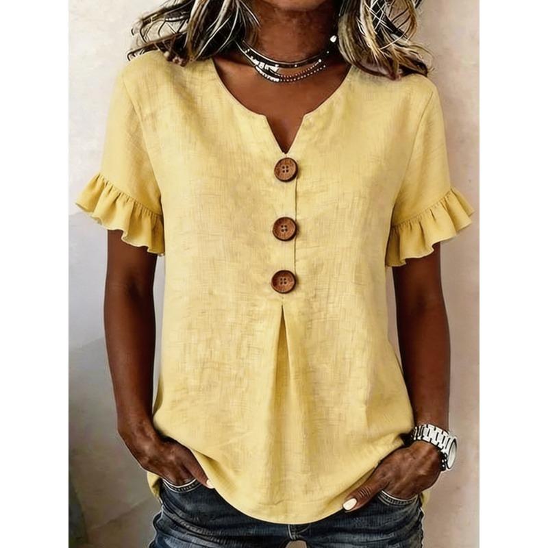 Womens Solid Color Notch V Neck Ruffle Short Sleeve Button Down Casual Blouse