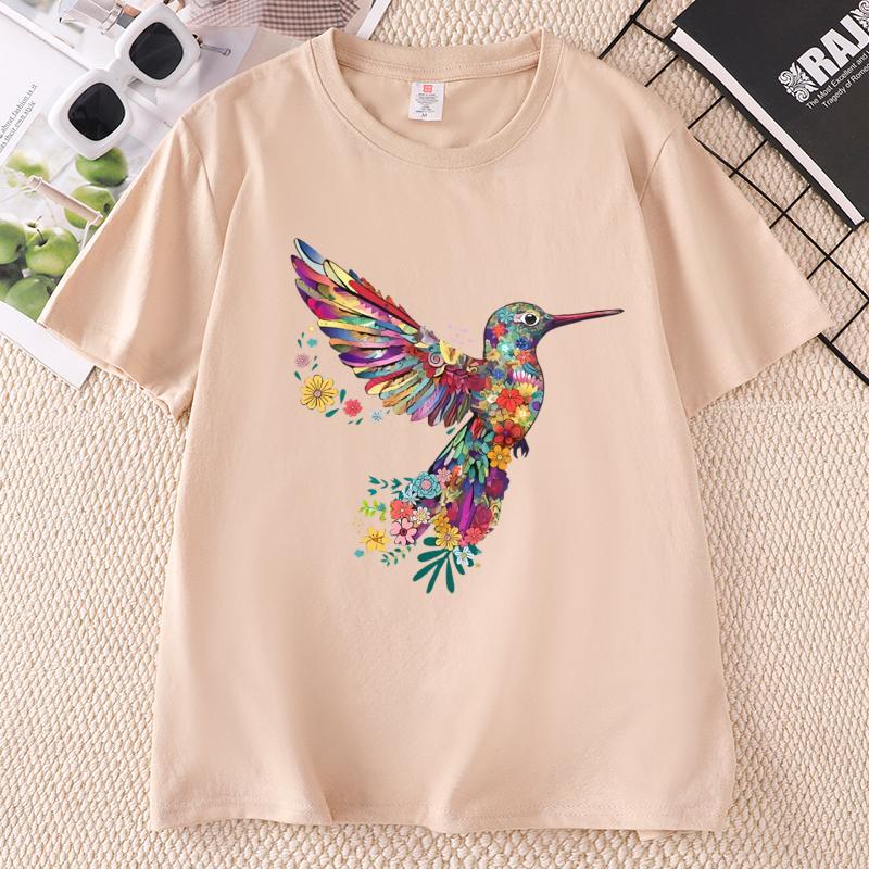 Floral Hummingbird TShirt Animal Lover Tee Bird T Shirts Trendy Short Sleeve T Shirts Unisex Ladies Summer Cotton Tshirts