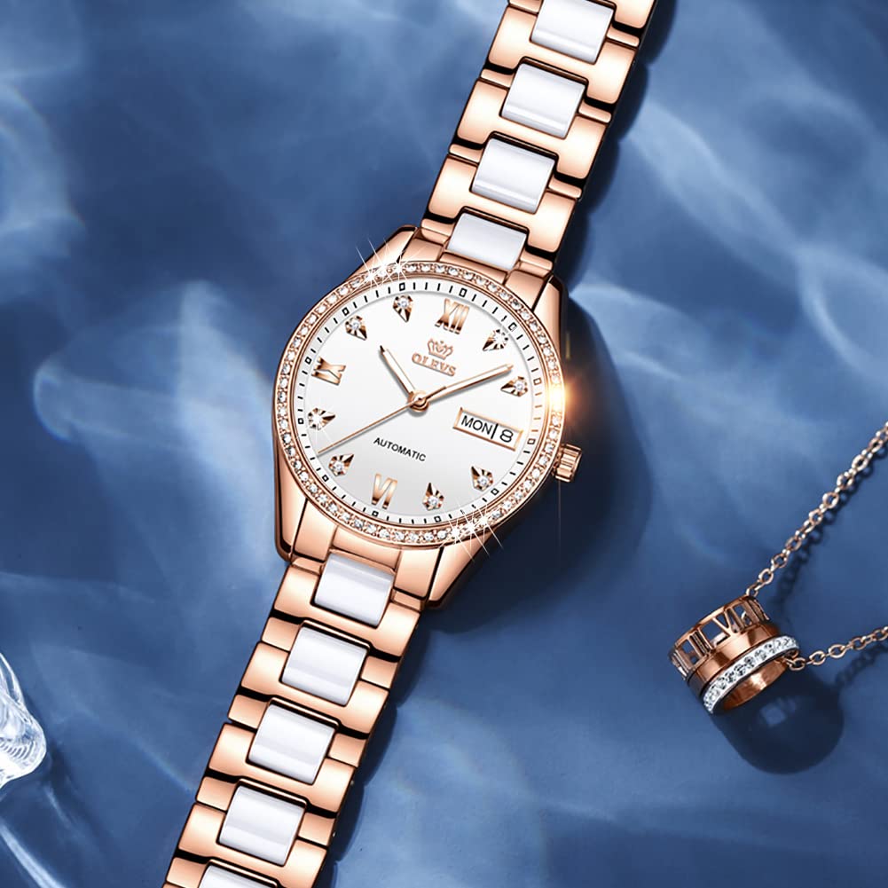 OLEVS Popular and Waterproof Mechanical Watch with Date Luminous and Ceramic White Women's Wristwatch, Stylish, Display, Dial, Bracelet,
