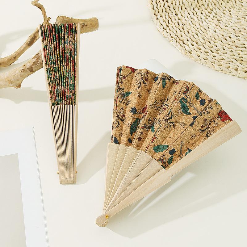 Vintage Bohemian Style Cork Folding Fan Props Graft Gift Hand Held Fan Home Decor Wooden Folding Fan
