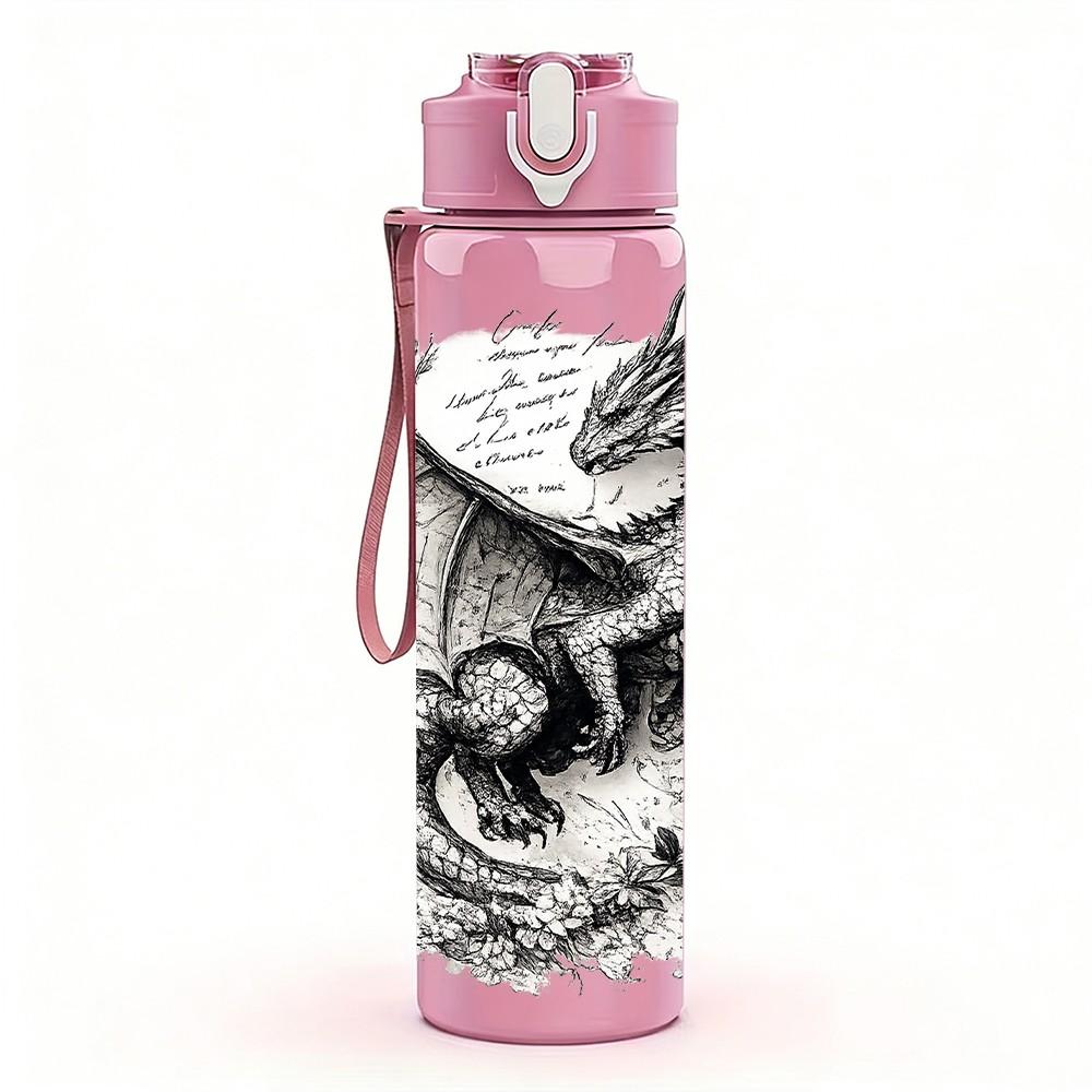 1PC Dragon Sketch Black Ink Art Print 750ml Color Plastic Sports Water Bottle Leakproof Flip Straw Lid Suitable for Sports Office Home Use