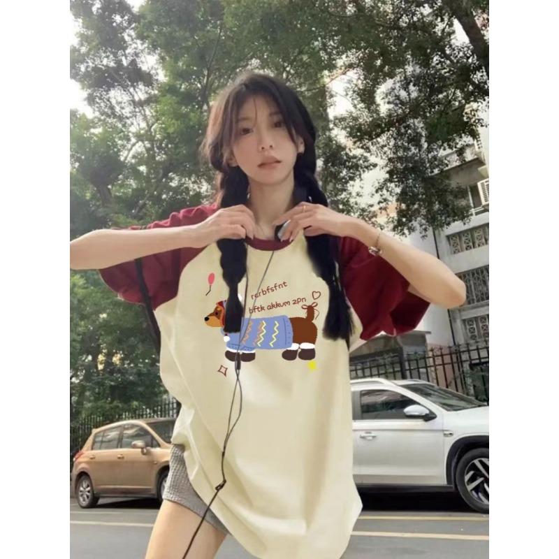 Loose Large Color-blocked Rotator Sleeve Rag-sleeved Short-sleeved T-shirt for Women In Spring and Summer Korean Style Design Top