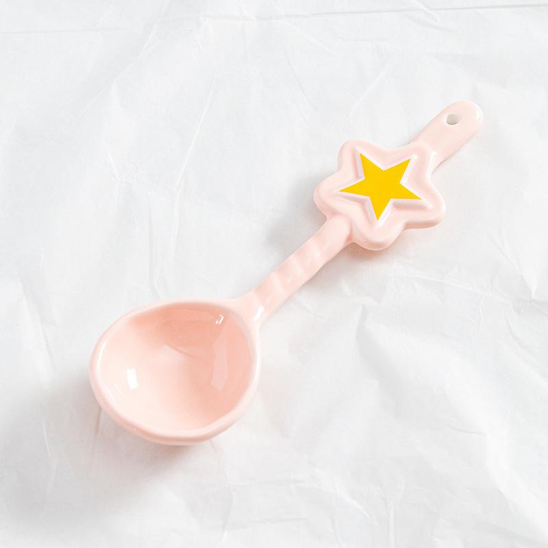 1Pc Ceramic Star Shaped Spoon Cute Twisted Long Handled Coffee Stirring Spoon with Cream Design for Kitchen