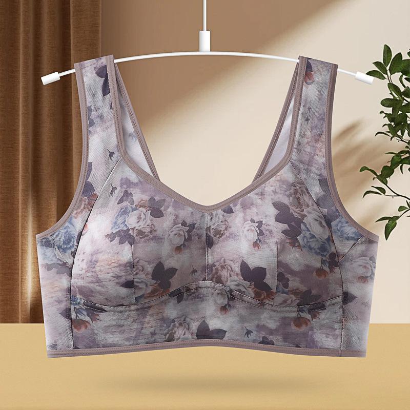 Middle-aged and Elderly Large Size Bra Gathered Comfortable Mesh Back One-piece Fixed Cup Without Steel Ring Underwear