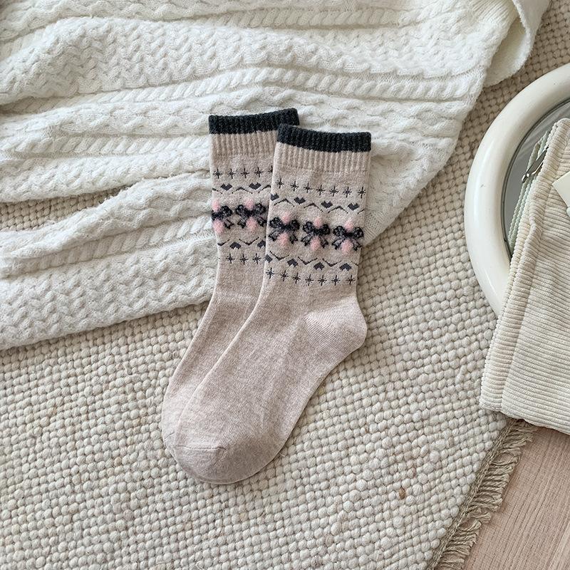Sweet Pink and Contrasting Color Wool Mid-calf Socks, Striped Bow, Fair Island Pile Socks for Autumn and Winter