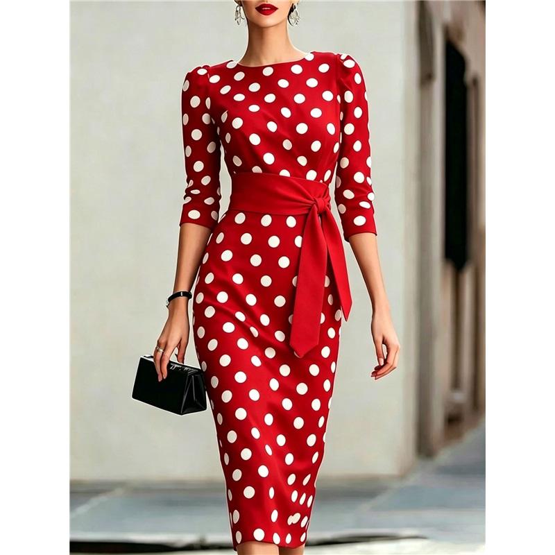 Robe Mi-longue Moulante à Pois pour Femme Manches 3/4 Col Bateau Robe Crayon avec Ceinture Blanche Élégante Robe de Soirée Bureau