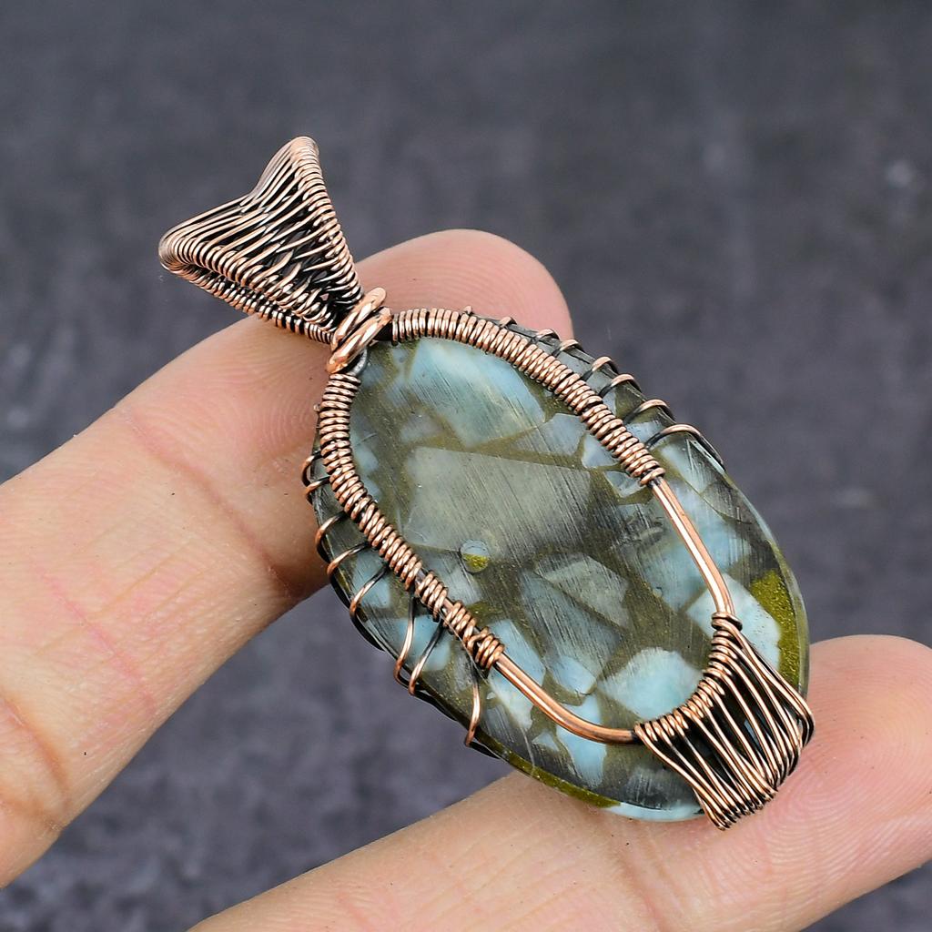 Natural Copper Larimar Handmade Copper Wire Wrap Tree Of Life Pendant 2.17" n0m20