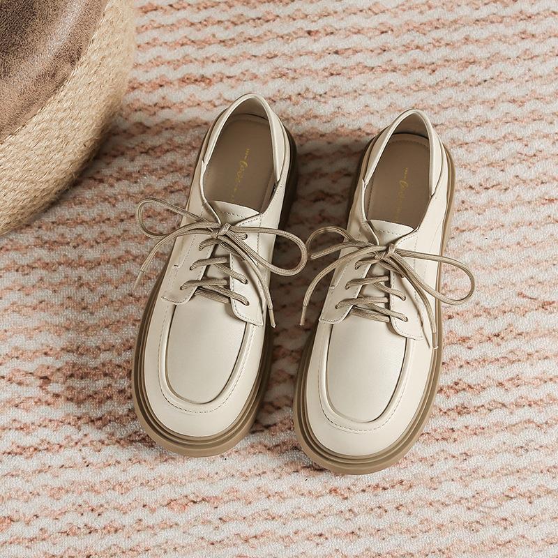 Leather flat for Huizhou women's shoes Su Yinyin same small leather shoes lace up black retro round head loafers