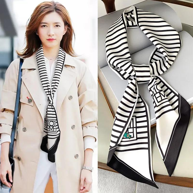 Mode Blauer Druck Seidenschal Damen Weicher Satin Pferdehaarband Schräges Halstuch Büro Hijab Stirnband Foulard Taschenbänder Geschenk